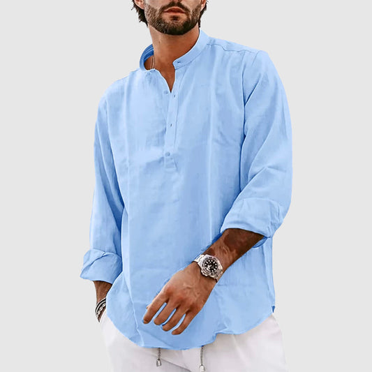 Men’s Henley Shirt – Relaxed Fit – Natural Fibers – Band Collar – Long Sleeve Casual Wear