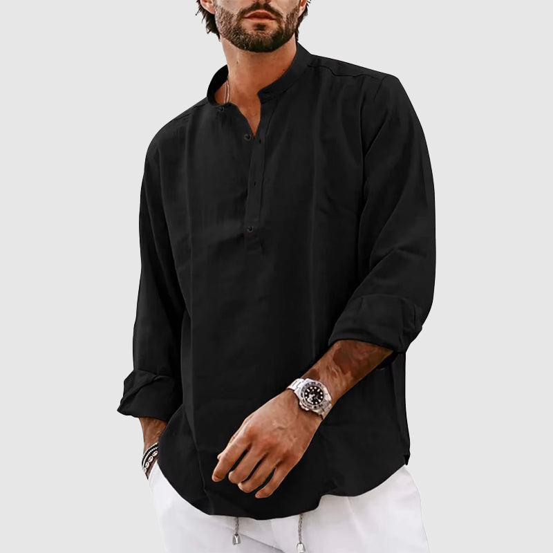 Men’s Henley Shirt – Relaxed Fit – Natural Fibers – Band Collar – Long Sleeve Casual Wear