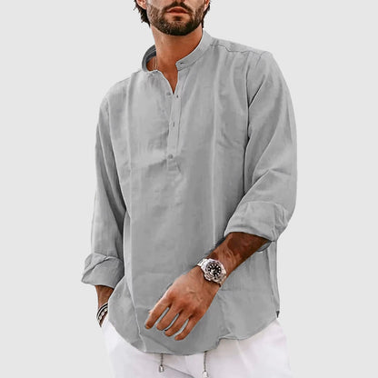 Men’s Henley Shirt – Relaxed Fit – Natural Fibers – Band Collar – Long Sleeve Casual Wear