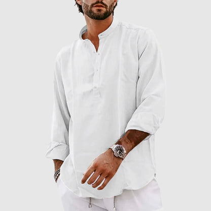 Men’s Henley Shirt – Relaxed Fit – Natural Fibers – Band Collar – Long Sleeve Casual Wear