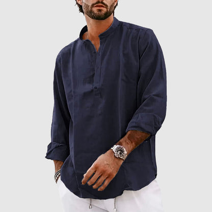 Men’s Henley Shirt – Relaxed Fit – Natural Fibers – Band Collar – Long Sleeve Casual Wear
