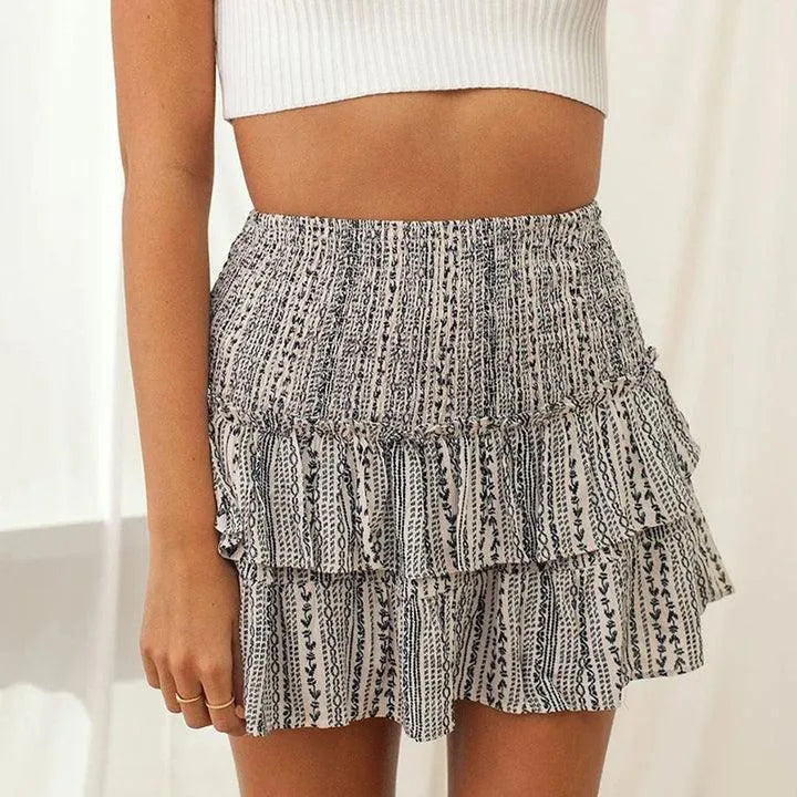 Women's Mini Skirt - High Waist Elastic - Lightweight Flowy Ruffle Hem - Boho Style