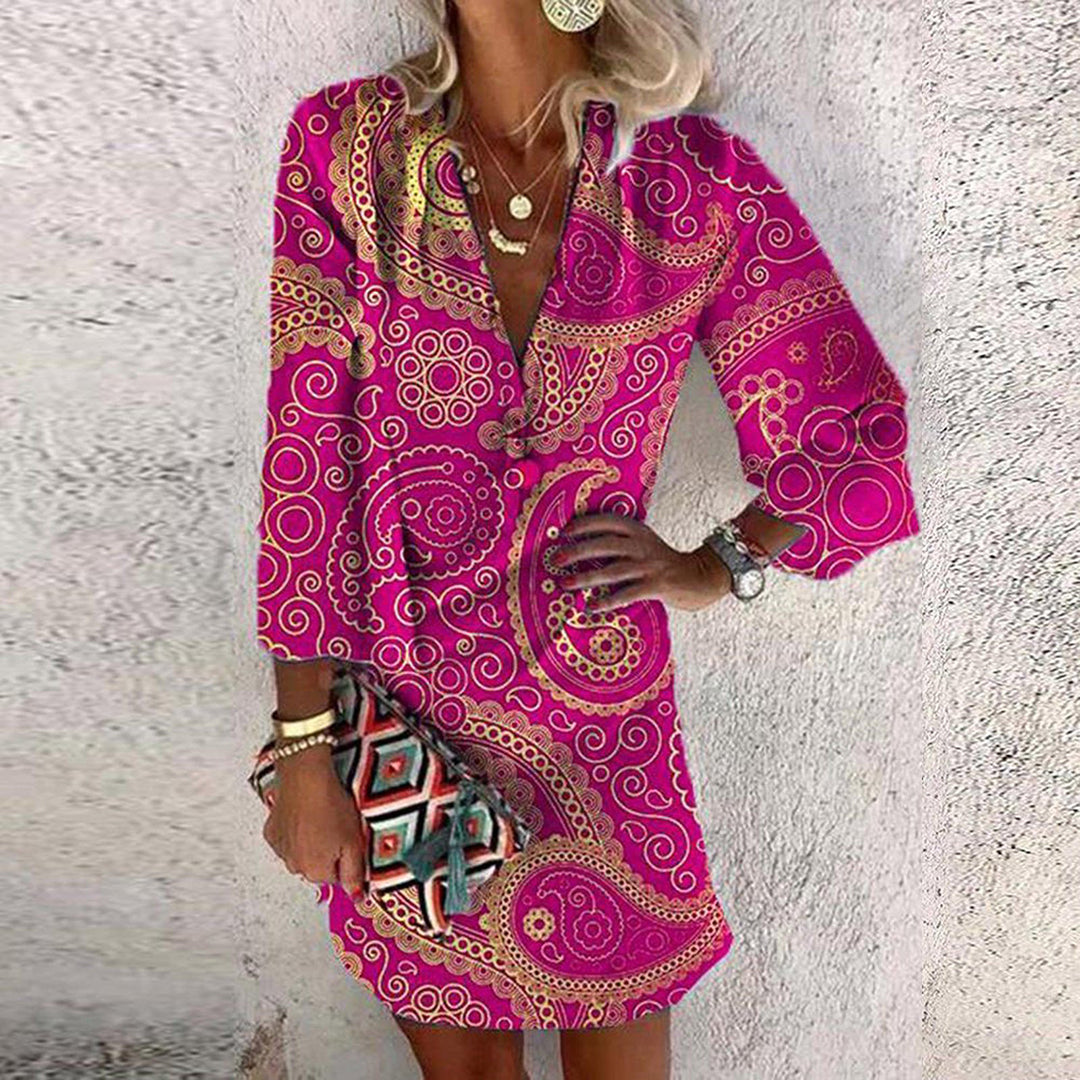 Women's Mini Dress - Paisley Print - Relaxed Fit - V-Neck - 3/4 Sleeve Elegant Style