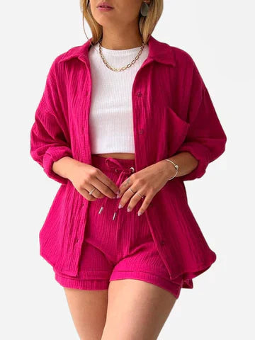 Women's Co-Ord Set - Oversized Button-Up Shirt & Drawstring Shorts - Relaxed Fit