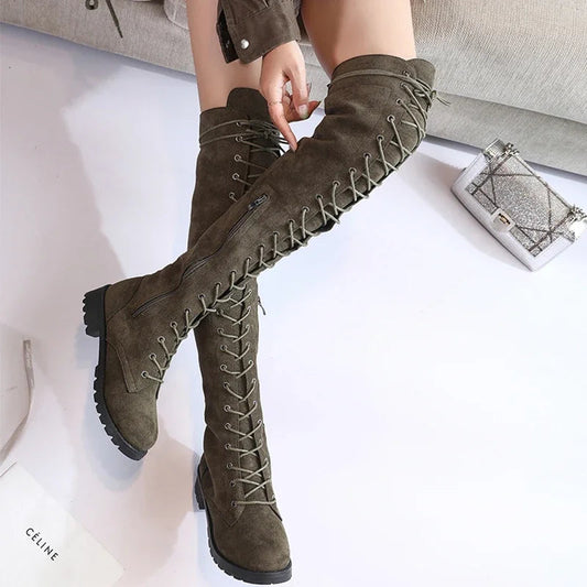 Women’s Over-the-Knee Boots – Suede Feel – Lace-Up Front – Side Zipper – Rugged Sole