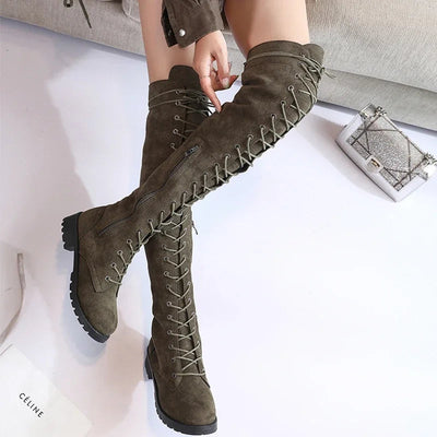 Women’s Over-the-Knee Boots – Suede Feel – Lace-Up Front – Side Zipper – Rugged Sole