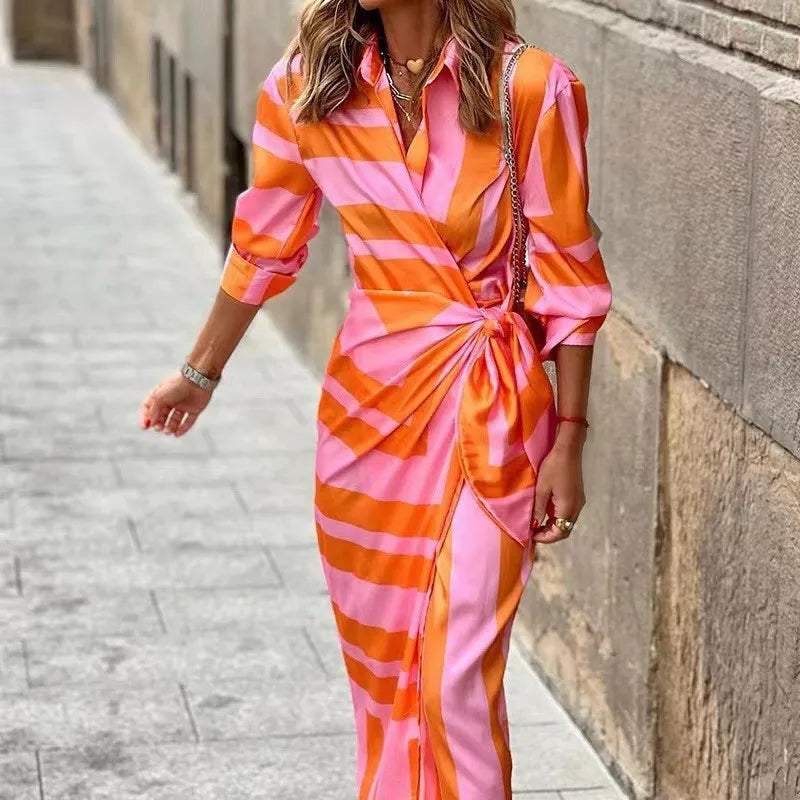 Women's Wrap Dress - Striped Pattern - Long Sleeve Tie Waist - Elegant Midi Length