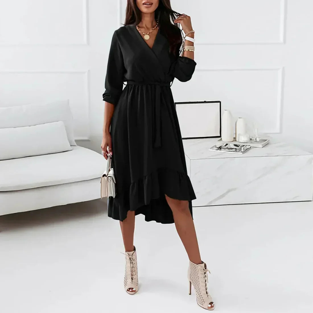 Women's Wrap Dress - V-Neck - Long Sleeve - Tie Waist - Asymmetrical Ruffle Hem