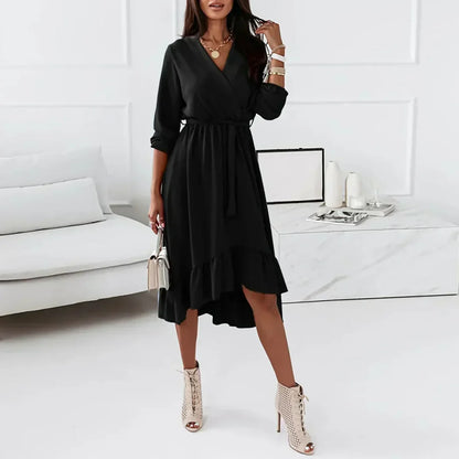 Women's Wrap Dress - V-Neck - Long Sleeve - Tie Waist - Asymmetrical Ruffle Hem
