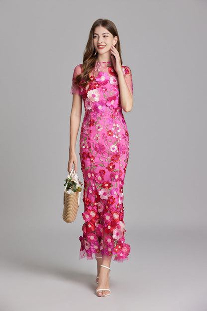 Women’s Maxi Dress – Fitted Silhouette – Sheer Mesh – Floral Embroidered Detail