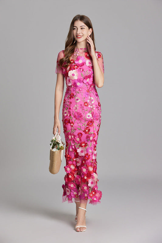 Women’s Maxi Dress – Fitted Silhouette – Sheer Mesh – Floral Embroidered Detail