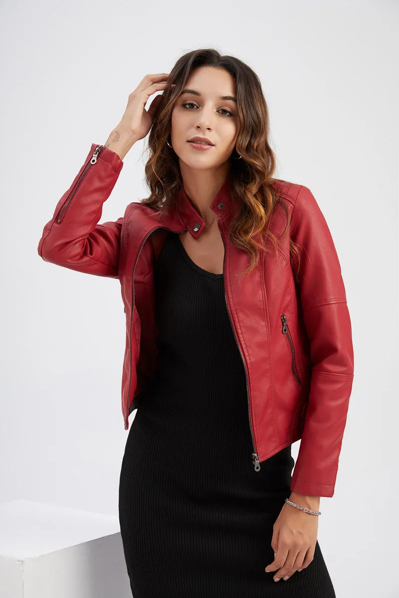 Women's PU leather jacket with standing collar and zippers