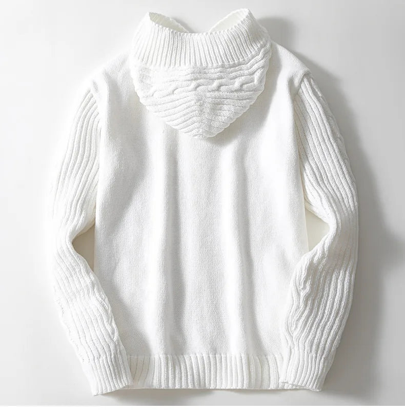 Men’s Hooded Cardigan – Relaxed Fit – Wool Knit – Cable Pattern Open Front