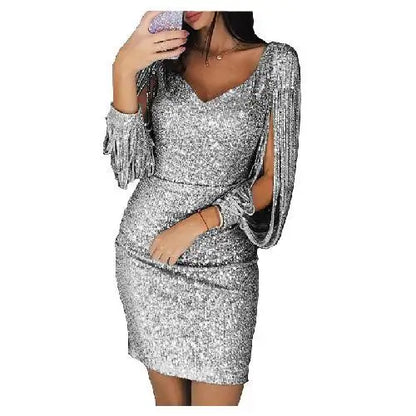 Women's Sequin Cocktail Dress - V-Neck - Draped Sleeves - Bodycon Party Wear