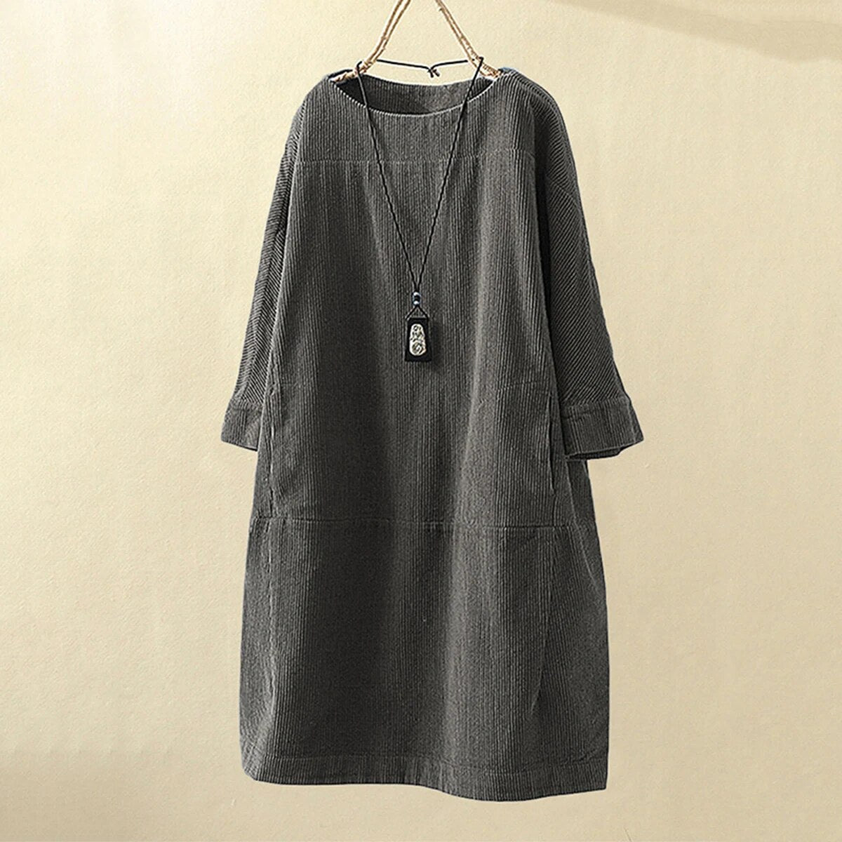 Women's Corduroy Dress - Relaxed Fit - Knee-Length - 3/4 Sleeve Minimalist Style