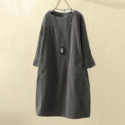 Women's Corduroy Dress - Relaxed Fit - Knee-Length - 3/4 Sleeve Minimalist Style