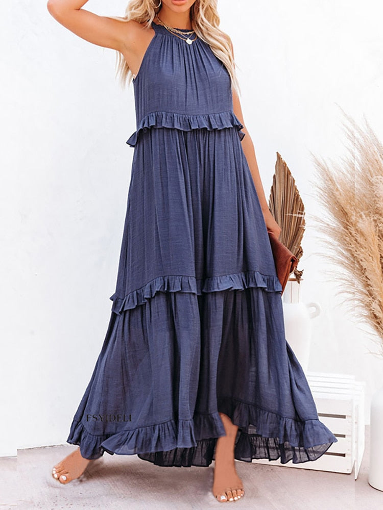 Women’s Maxi Dress – Relaxed Fit – Halter Neck – Ruffle Detail – Natural Fibers