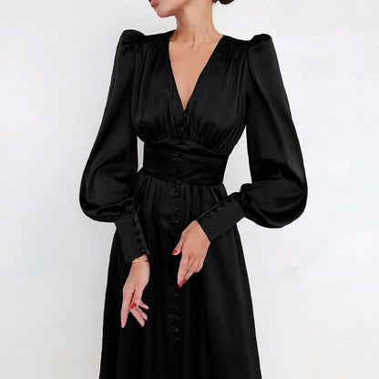 Women's Midi Dress - Satin Finish - V-Neck - Puff Sleeve - Button Front Elegant Fit