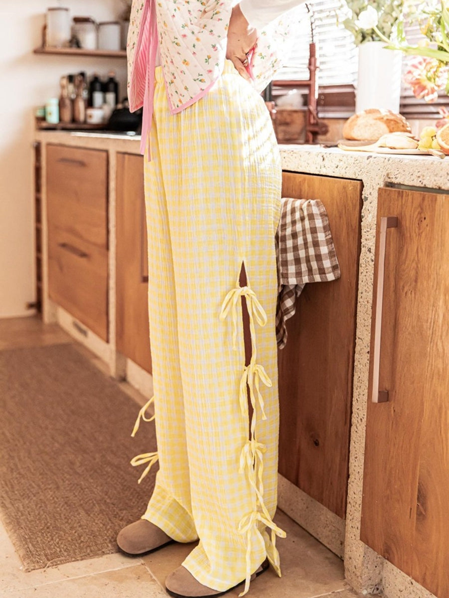 Women’s Wide Leg Trousers – 100% Cotton – Relaxed Fit – Checkered – Elastic Waist – Side Ties