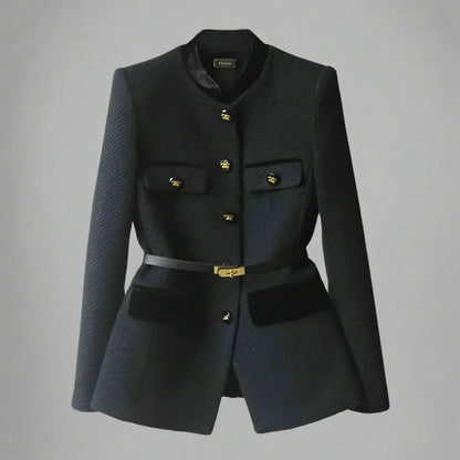 Women’s Wool Coat – Tailored Fit – Button Closure – Waist Belt – Hip Length – Flap Pockets