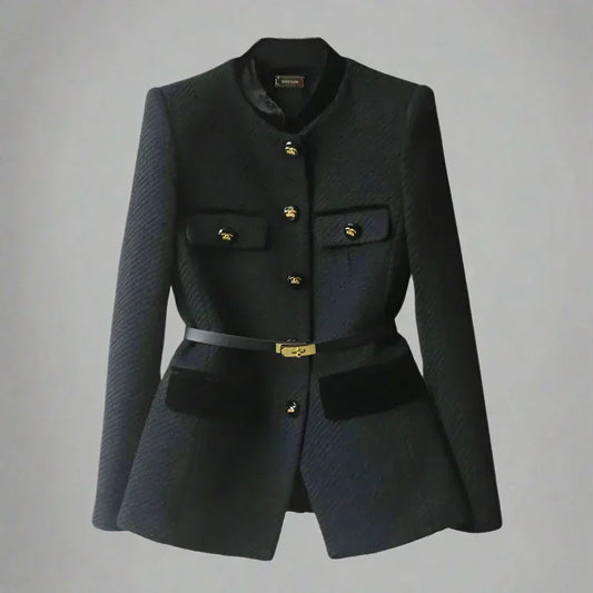 Women’s Wool Coat – Tailored Fit – Button Closure – Waist Belt – Hip Length – Flap Pockets