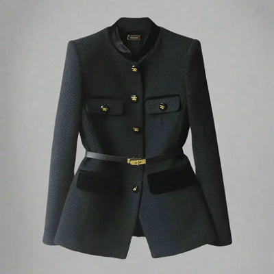 Women’s Wool Coat – Tailored Fit – Button Closure – Waist Belt – Hip Length – Flap Pockets