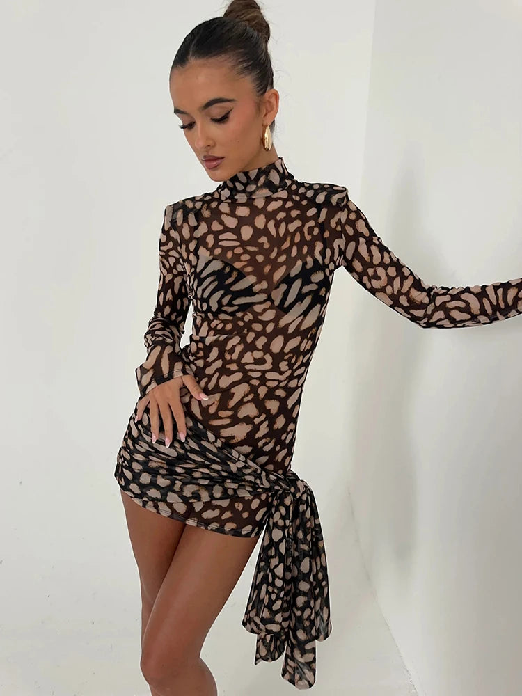 Women's Mini Dress - Animal Print - Turtleneck Long Sleeve - Fitted Draped Hem