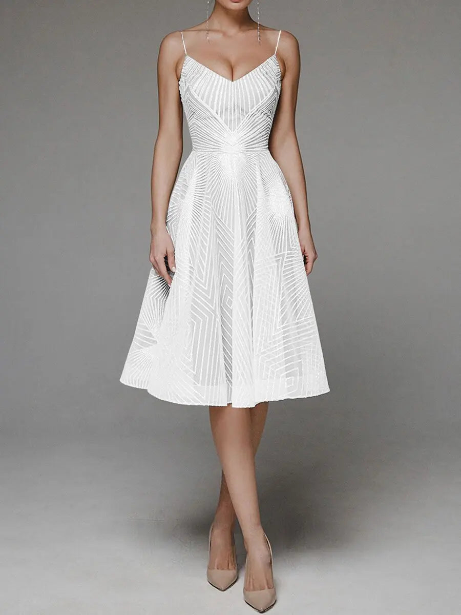 Women's Cocktail Dress - A-Line Fit - V-Neck Spaghetti Straps - Knee-Length Elegant Wear