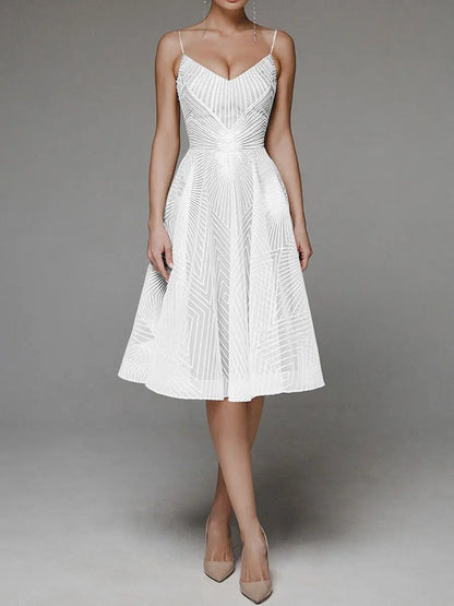 Women's Cocktail Dress - A-Line Fit - V-Neck Spaghetti Straps - Knee-Length Elegant Wear