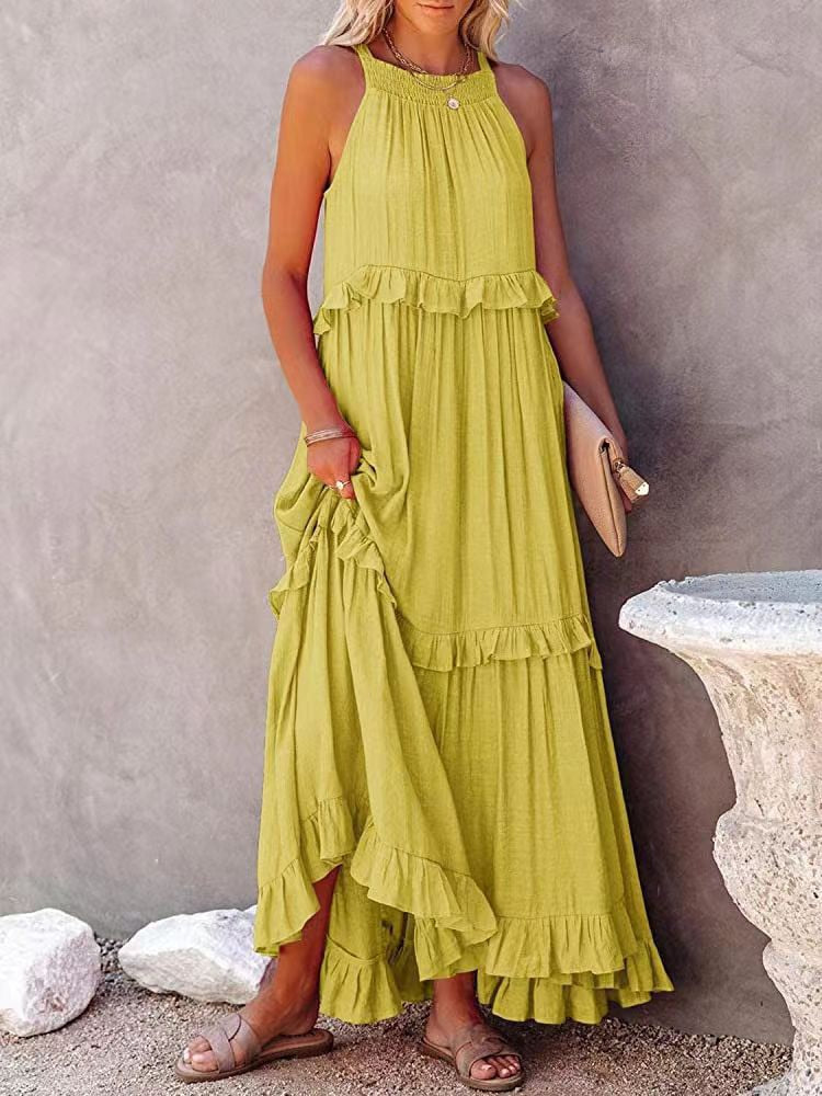 Women’s Maxi Dress – Relaxed Fit – Halter Neck – Ruffle Detail – Natural Fibers