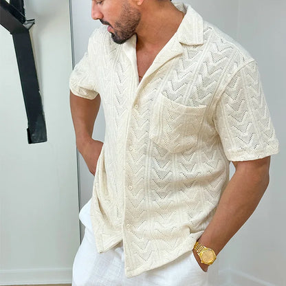 Men’s Knit Shirt – Jacquard Texture – Relaxed Fit – Short Sleeve Casual Collar