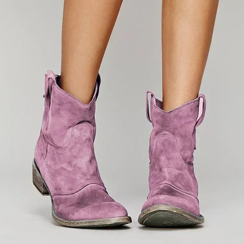 Women's Ankle Boots - Sleek Suede Finish - Comfortable Low Heel - Slip-On Design