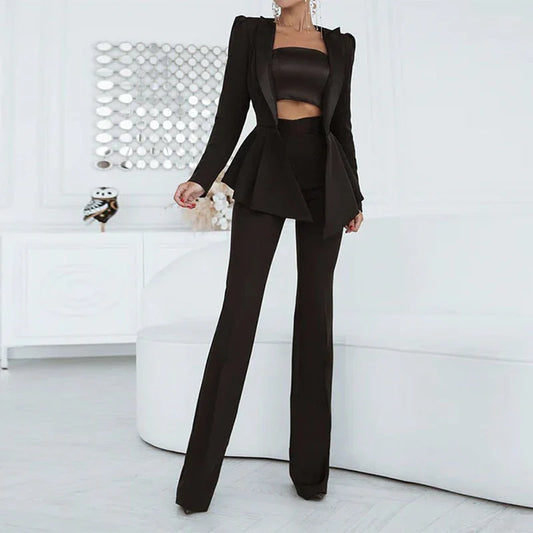 Women’s Three-Piece Set – Tube Top – Tailored Fit – Padded Shoulders – Peplum Waist – Formal Wear