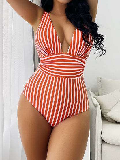 Women’s One-Piece Swimsuit – Sleek Fit – Deep V-Neck – Vertical Striped – Stretch Fabric
