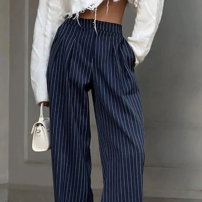 Women's Pinstripe Trousers - High-Waisted Wide Leg - Flattering Fit - Classic Formal Wear