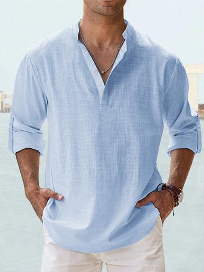 Men’s Henley Shirt - Breathable Cotton Linen - Relaxed Fit - Long Sleeve Band Collar