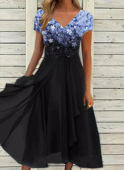 Women's Midi Dress - V-Neck - Short Sleeve - Floral Print - Flowing A-Line Silhouette
