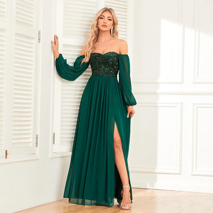 Women’s Evening Prom Gown - Off Shoulder - Sequin Bodice - Long Sleeve - High Slit Elegant Dress