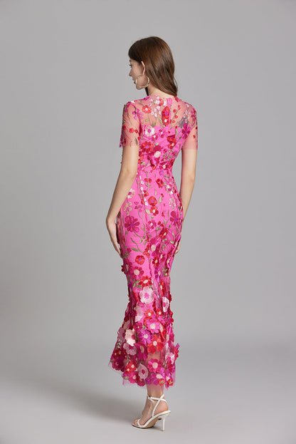 Women’s Maxi Dress – Fitted Silhouette – Sheer Mesh – Floral Embroidered Detail