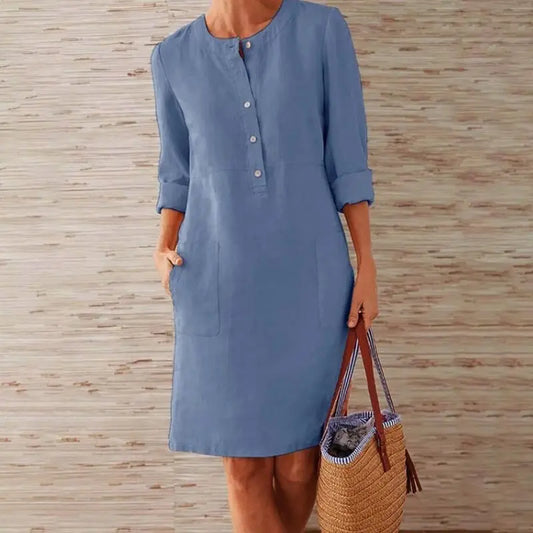 Women’s Casual Button-Up Midi Dress – Relaxed Fit 3/4 Sleeve Tunic Dress with Pockets