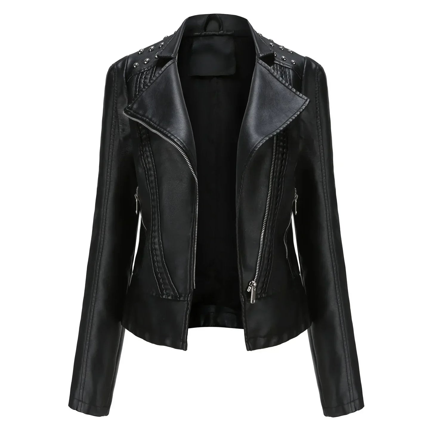 Women’s Tailored Jacket – Structured Fit – Cropped Waist – Studded Shoulders – Zip Closure