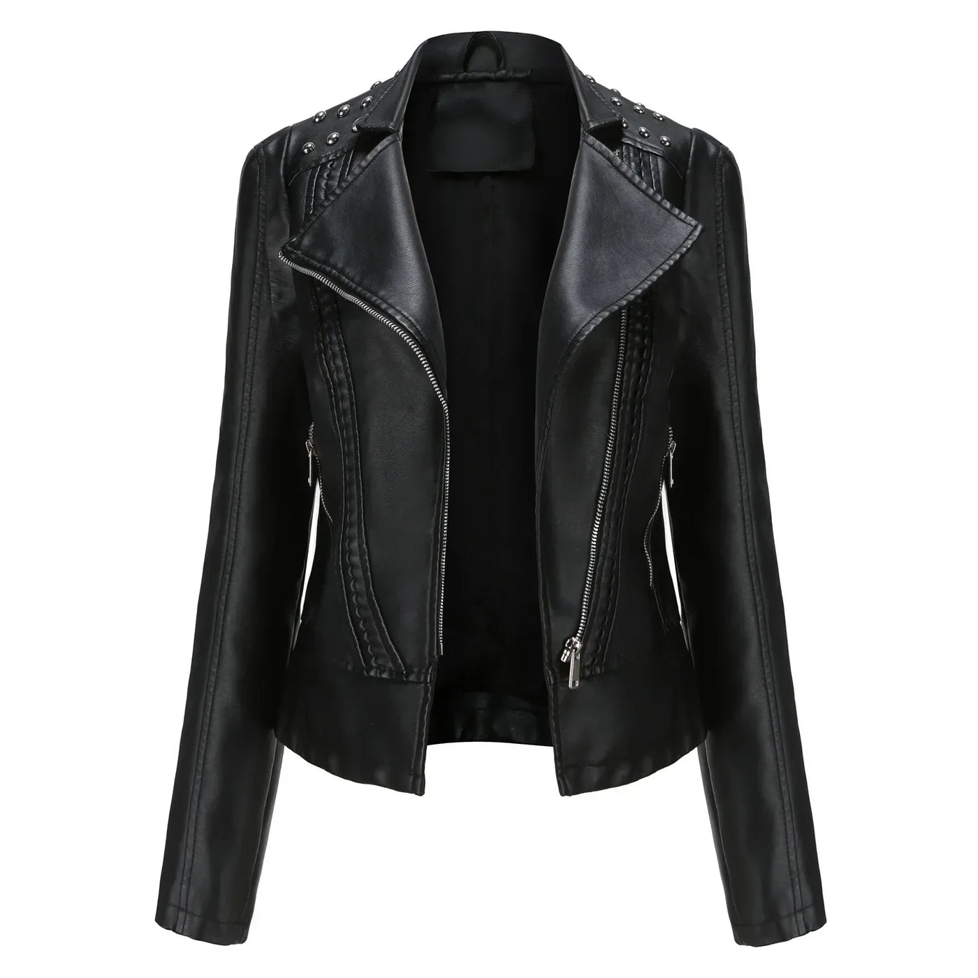 Women’s Tailored Jacket – Structured Fit – Cropped Waist – Studded Shoulders – Zip Closure