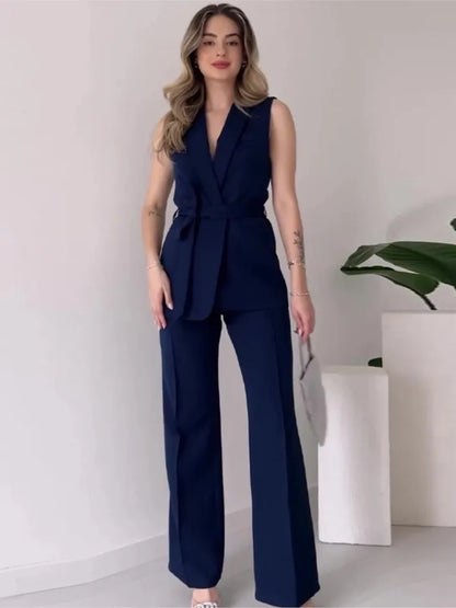 Women's Sleeveless Blazer Suit - Tailored Fit - V-Neck - High-Waisted Trousers - Belted Waist