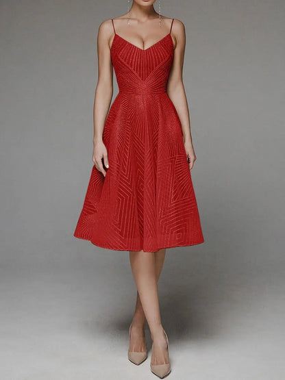 Women's Cocktail Dress - A-Line Fit - V-Neck Spaghetti Straps - Knee-Length Elegant Wear