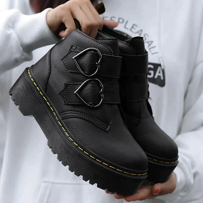 Women’s Ankle Boots – Chunky Sole – Heart Buckle Straps – Structured Fit