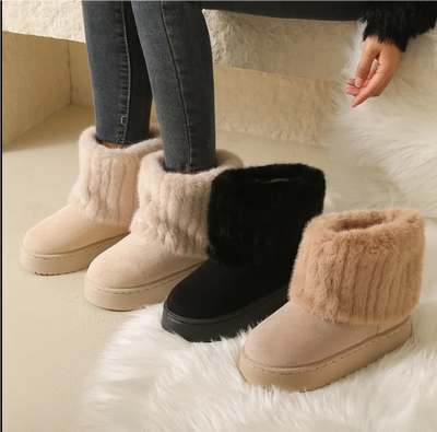 Women’s Snow Boots – Half-High Knit with Faux Fur Trim – Thick Sole Supportive Fit
