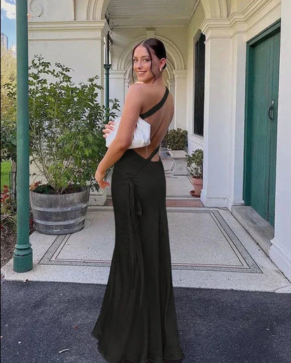 Women’s Evening Gown – Slim Fit – Luxury Fabric – Spaghetti Straps – Open Back – Floor Length