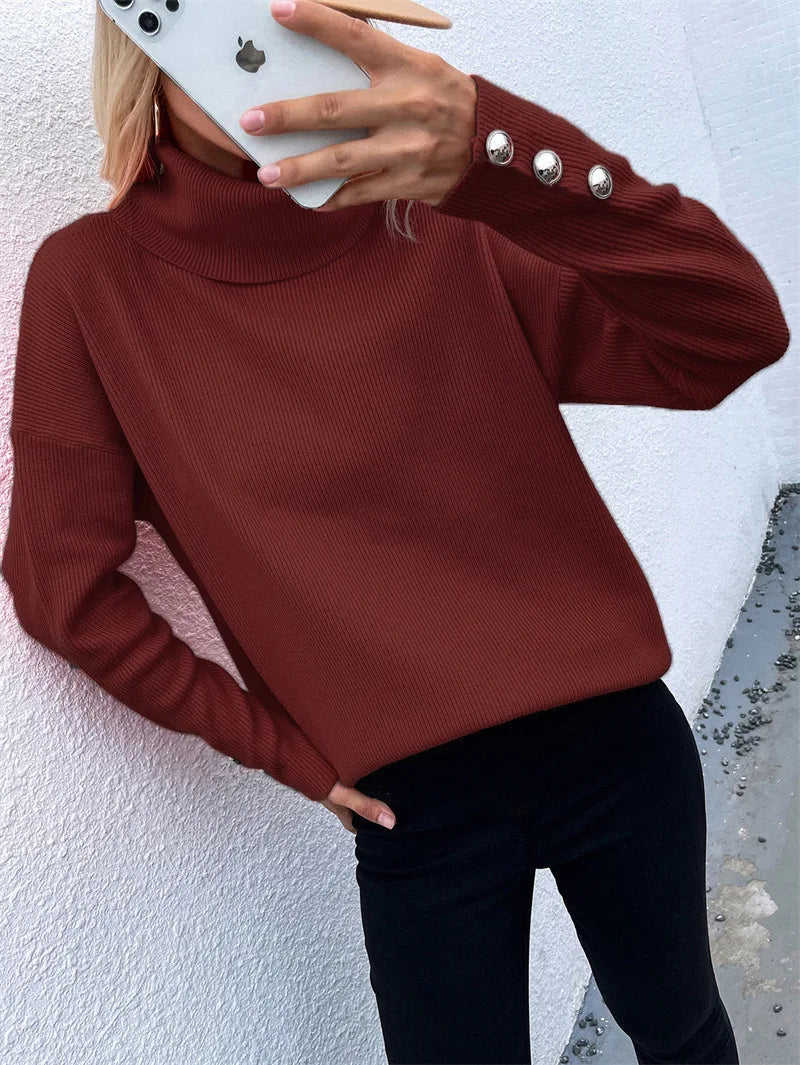 Women's casual knitted sweater with high neck