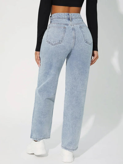 Women's High-Waisted Straight-Leg Jeans - Classic Denim - Button & Zip Closure