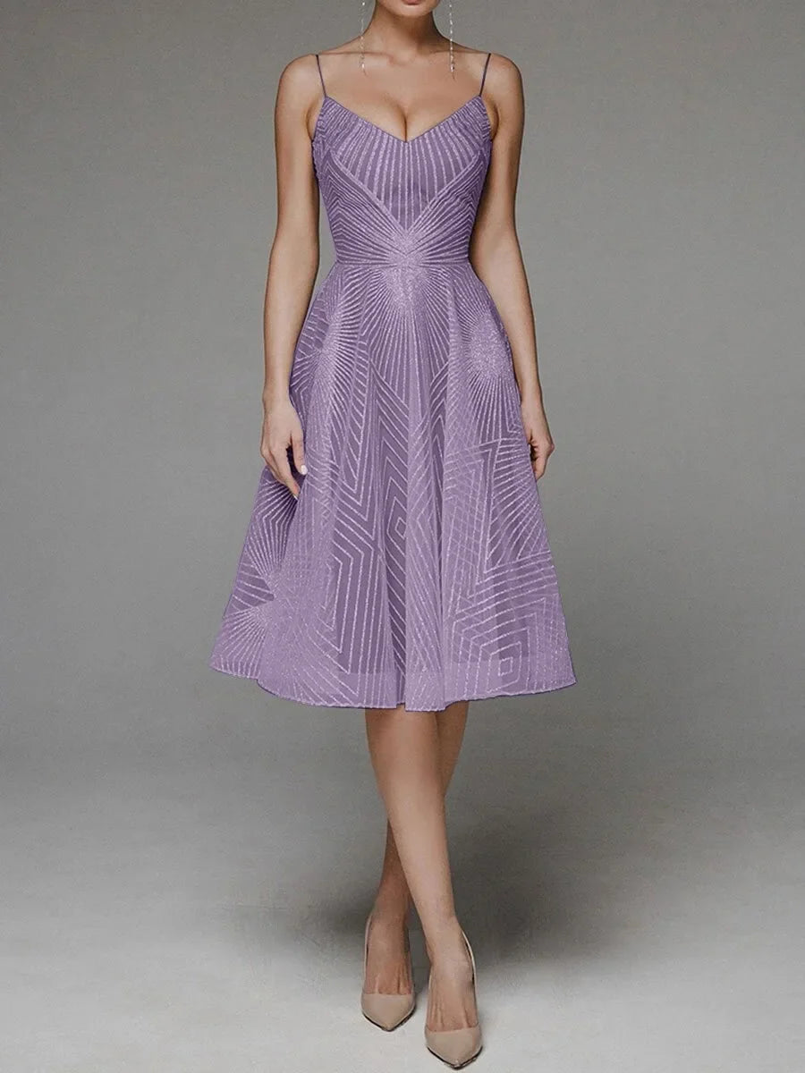 Women's Cocktail Dress - A-Line Fit - V-Neck Spaghetti Straps - Knee-Length Elegant Wear